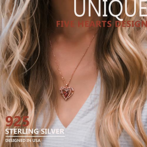 5 Heart I Love You Necklace for Women, Birthstone Crystal Pendant, Birthday Gift for Her, Wife, Mom, Rose Gold or Gunmetal Plated, 925 Sterling Silver Chain 18"+2" - color: 01-January & July-Ruby Red-Rose Gold Plated