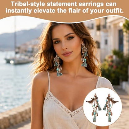 1 Pair Long Boho Feather Tassel Earrings for Women, Dangle Drop Vintage Ethnic Tribal Statement Jewelry Accessory