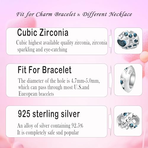 MICOO 925 Sterling Silver Jan-Dec Birthstone Charms For Bracelets and Necklaces, Original DIY Bead Charms With Cubic Zirconias Jewelry Birthday Gifts For Women. - color: 3-March Birthstone charm