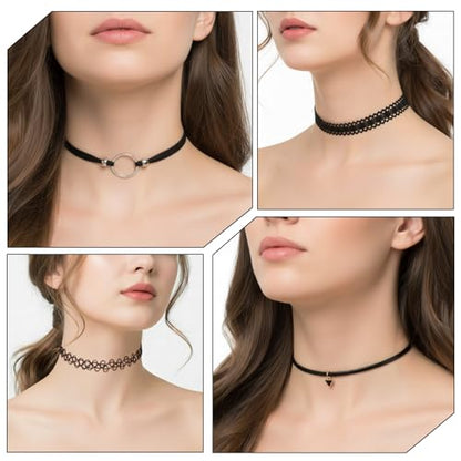 6 Pcs Choker Necklace for Women, Black Gothic Emo Choker Necklace for Women, Leather Stretchy Lace Chokers, Punk Emo Gothic Jewelry, Perfect for Daily Wear, Black