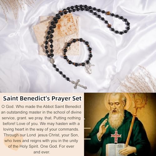 Rosary for Men Women, Natural Stone Beads with St. Benedict Bracelet | 8 mm Natural Stone Prayer Beads with 10 mm Accent Beads, St. Benedict Crucifix, Matching Bracelet, Gift Box and Pouch. - color: Obsidian