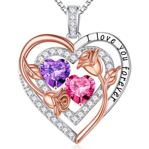 Iefil Heart Birthstone Necklace for Women - Double Birthstone Jewelry | 925 Sterling Silver, Gift Box Packaging, Anniversary Birthday Gifts for Women Wife Mom - color: 02-10-Feb-Oct Birthstone