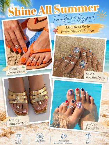 4Pcs Toe Rings for Women Non Tarnish 14K Gold Filled Toe Ring Adjustable Flower CZ Band Wave Dainty Toe Ring Summer Beach Open Toe Rings Set Waterproof Toe Jewelry Foot Jewelry - color: Silver toe rings wave