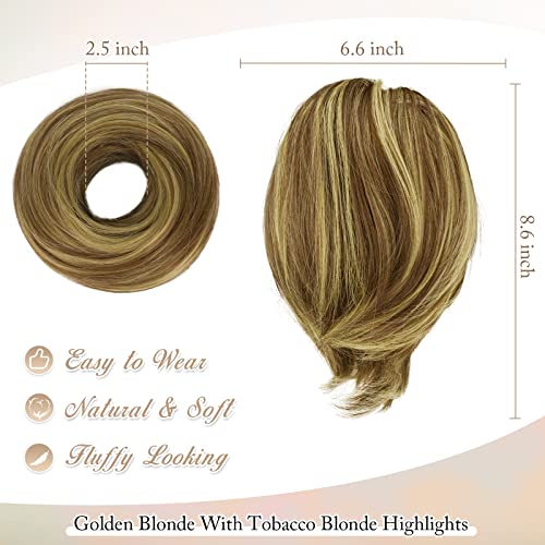 BARSDAR Golden Blonde Synthetic Heat Resistant Hair Bun Extension, Short Straight Thick Hairpiece, 1 Count (Pack of 1) - color: Golden Blonde with Highlights, size: 1 Count - Elastic