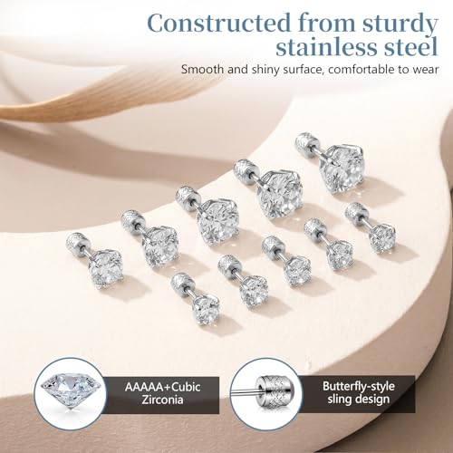 7 Pairs 20G Stainless Steel Stud Earrings Set Cubic Zirconia CZ Earrings Multi Size 2mm-8mm - color: Silver, size: Modern