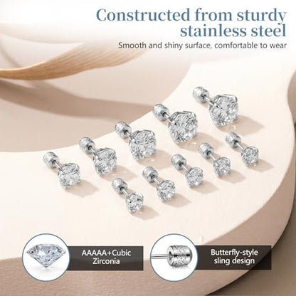 7 Pairs 20G Stainless Steel Stud Earrings Set Cubic Zirconia CZ Earrings Multi Size 2mm-8mm - color: Silver, size: Modern