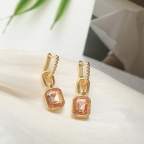 Birthstone Crystal Dangle Drop Earrings, 18K Gold Plated Huggie HoopEarring | Hypoallergenic Earring Jewelry Gifts for Women, Birthdays, anniversaries, weddings - color: Light Topaz-1