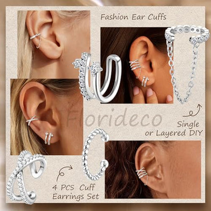 Florideco 4 PCS Ear Cuffs Non Piercing Hypoallergenic 14K Gold Plated Ear Cuff Earrings for Women Trendy CZ Clip On Cartilage Earring Set Dainty Adjustable Fake Piercings Earrings - color: Cross CZ: Silver Plated