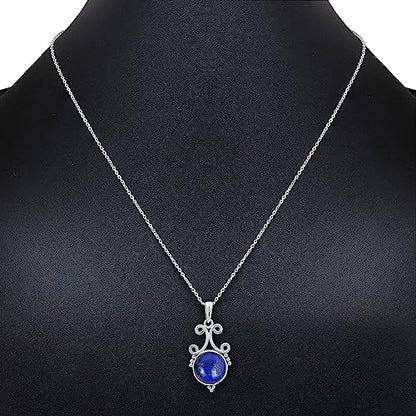 Natural Round Gemstone Pendant Necklace for Women, 925 Sterling Silver | Solitaire Birthstone Jewelry With 18 Inch Chain, Handmade Semi Precious Stone Pendant, Jewelry Gift for Mom, Wife & Sister - color: Lapis Lazuli