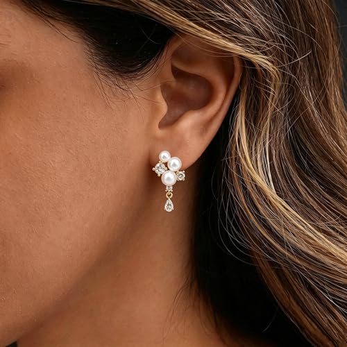Pearl Earrings for Women Trendy, 14k Gold Plated Freshwater CZ Leaf Pearl Dangle Drop Gold Earrings Lightweight Hypoallergenic Stud Earring Bridesmaid Wedding Gold Jewelry for Women Gifts - style: cz pearl drop earrings