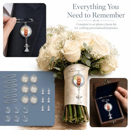 ETZRUNO 6 Sets Memorial Photo Charms for Wedding Bouquet - Blanks Pins Kit with Frame - Custom Picture Pendant for Bridal Bouquet, Funeral, Graduation - Metal Photo Locket Charm