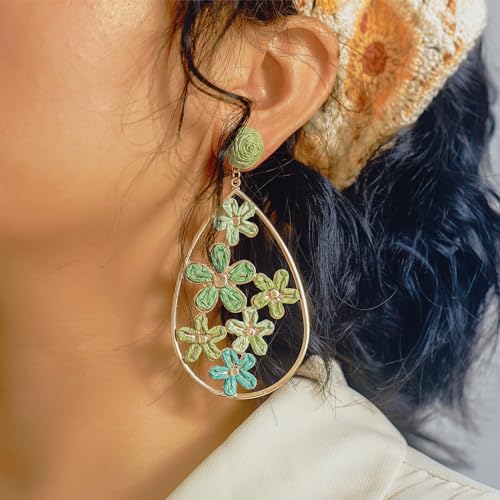Boho Raffia Flower Teardrop Earrings Cute Colorful Dangle Trendy Jewelry | Floral Drop Statement Big Dangling Earring Hypoallergenic Gold Fun Unique Summer Spring Beach Vacation Outfits for Women - color: Green