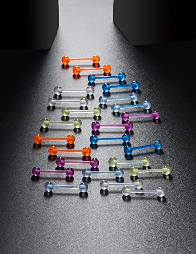 Oufksiyy 14G 16mm 14mm Glow in Dark Flexible Acrylic Straight Tongue Rings Plastic Nipple Ring Retainer Body Piercing Jewelry for Women Men 24PCS(12Pairs 14 Gauge Piercings - color: 14G-14mm(9/16INCH)-Barbell