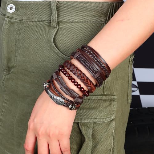 6-12PCS Braided Faux Leather Bracelet Punk Cuff Wrap Bracelets for Men Women Adjustable - color: A1:6pcs