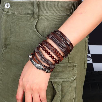 6-12PCS Braided Faux Leather Bracelet Punk Cuff Wrap Bracelets for Men Women Adjustable - color: A1:6pcs