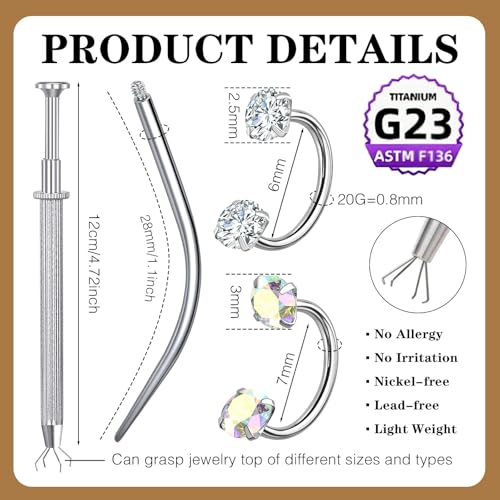 G23 Titanium Horseshoe Nose Ring 20G, 2 Pcs Double Gem Nose Ring for Women, 6mm 7mm 8mm Hypoallergenic Horseshoe Nose Rings Helix Tragus Earring Hoops Labret Lip Piercing Jewelry Small Septum Rings - color: 2Pcs-Silver-White & AB CZ