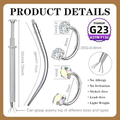 G23 Titanium Horseshoe Nose Ring 20G, 2 Pcs Double Gem Nose Ring for Women, 6mm 7mm 8mm Hypoallergenic Horseshoe Nose Rings Helix Tragus Earring Hoops Labret Lip Piercing Jewelry Small Septum Rings - color: 2Pcs-Silver-White & AB CZ