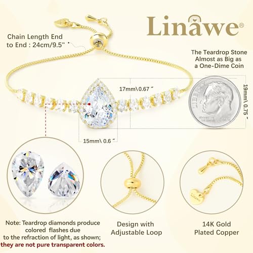 Linawe Crystal Imitation Diamond Rhinestone Charm Bracelets for Women, Gold/Silver/Rose Gold Adjustable Chain Bracelet, Teardrop Birthstone Cubic Zirconia Prom Costume Wedding Jewelry - color: Gold,April