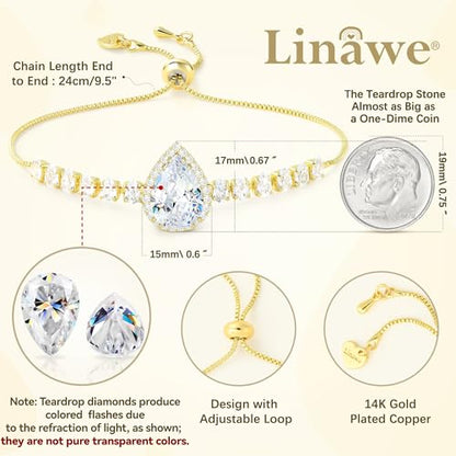 Linawe Crystal Imitation Diamond Rhinestone Charm Bracelets for Women, Gold/Silver/Rose Gold Adjustable Chain Bracelet, Teardrop Birthstone Cubic Zirconia Prom Costume Wedding Jewelry - color: Gold,April