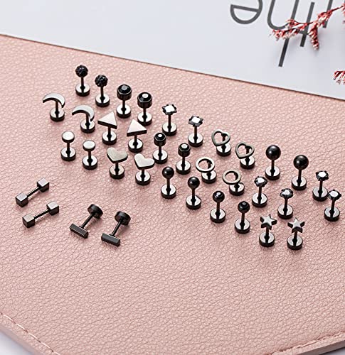 18Pairs 20G 18G Stainless Steel Tiny Stud Earrings for Women Cartilage Helix Earrings Ball Star CZ Earrings - color: Black, size: 18G