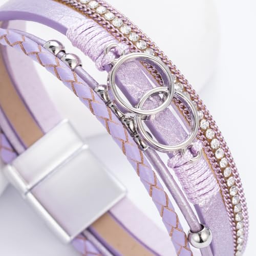 Chunky Boho Leather Wrap Bracelets Cowgirl Beaded Circle Western Jewelry | Stackable Infinity Layered Bohemian Magnetic Clasp Cuff Statement Fashion Colorful Country Hippie Outfits for Women Trendy - color: Purple
