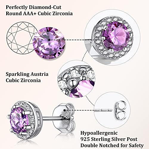 Bestyle Sparkling 925 Sterling Silver Birthstone Stud Earrings for Women, Heart/Round/Teardrop/Square Solitaire Diamond Studs Earrings, Great Birthday/Christmas Gifts - style: 06. Purple Alexandrite-June-round