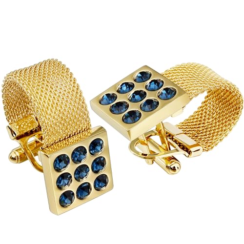 HAWSON Mens Cufflinks with Chain - Stone and Shiny Gold Tone Shirt Accessories - Party Gifts for Young Men - color: 24K Gold Color+Blue Crystal