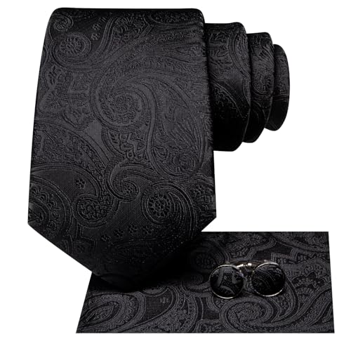 Hi-Tie Men 63inches Tie Set Extra Long Necktie Paisley Tie Pocket Suqare Cufflinks Big and Tall Men Tie - color: Black Dark