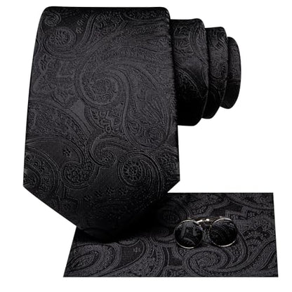 Hi-Tie Men 63inches Tie Set Extra Long Necktie Paisley Tie Pocket Suqare Cufflinks Big and Tall Men Tie - color: Black Dark