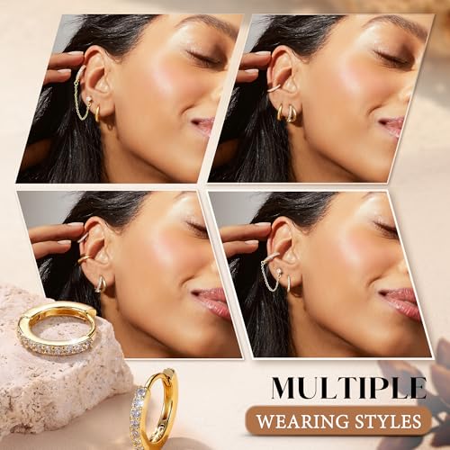 4 Pairs Small Hoop Earrings for Women 14K Gold Plated | Trendy Chain Drop Earrings Set, Hypoallergenic CZ Huggie Hoops, Lightweight Cartilage Earring Stacks - color: 14K Gold Plated-double hoop