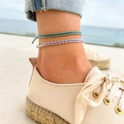 Made by Nami 2 Pcs Wave String Ankle Bracelets for Women Waterproof & Adjustable Thin Braided Anklet Surfer Boho Ankle Bracelet Set of 2 Beach Accessories - color: Lilac & Green