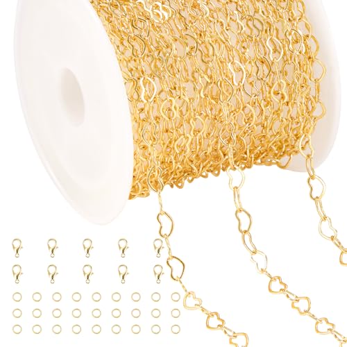 Jabogrii 16.4 Feet Heart Jewelry Chains Gold Brass Chain for Jewelry Making | Women Necklace Bracelet DIY Craft Chain Bulk Permanent Jewelry Making Roll - color: Heart Gold