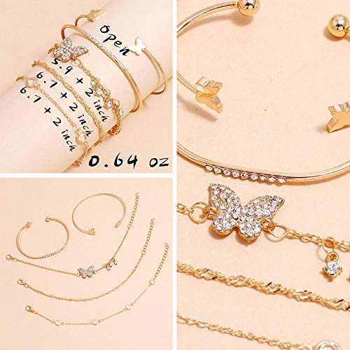 IFKM 6 PACK (24 PCS) Boho Gold Chain Bracelets Set for Women, 14K Gold Plated Multiple Layered Stackable Open Cuff Wrap Bangle Adjustable Link Italian Cuban Jewelry for Women Gift - style: 24 PCS Chains