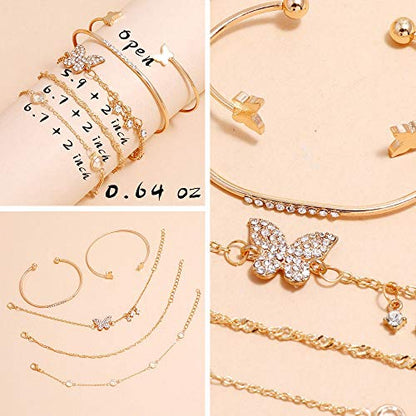 IFKM 6 PACK (24 PCS) Boho Gold Chain Bracelets Set for Women, 14K Gold Plated Multiple Layered Stackable Open Cuff Wrap Bangle Adjustable Link Italian Cuban Jewelry for Women Gift - style: 24 PCS Chains