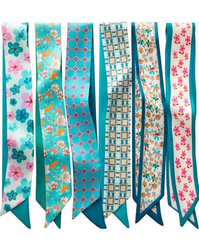 ZXZH 6 Pack Fashion Scarves for Women, Versatile Boho Head Scarf | Satin Scarf for Hair, Neck, Wrist, and Purse Accessories - color: Fresh Teal & Turquoise