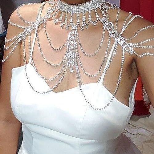 STONEFANS Bridal Rhinestone Shoulder Necklace Body Collar Jewelry Luxury Tassel Crystal Shoulder Harness Chain Wedding for Women - style: Silver Shoulder Necklace