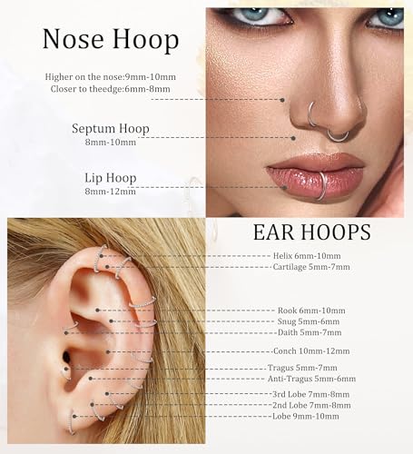 3pcs Nose Rings Hoops - 316L Surgical Steel Hinged Nose Hoops 16G/18G/20G CZ Clicker Septum Nose Ring Lip Helix Cartilage Hoop Earring Daith Rook Conch Body Piercing Jewelry for Women Men 8mm 10mm - color: Silver, size: 16 gauge(1.2mm)-7mm
