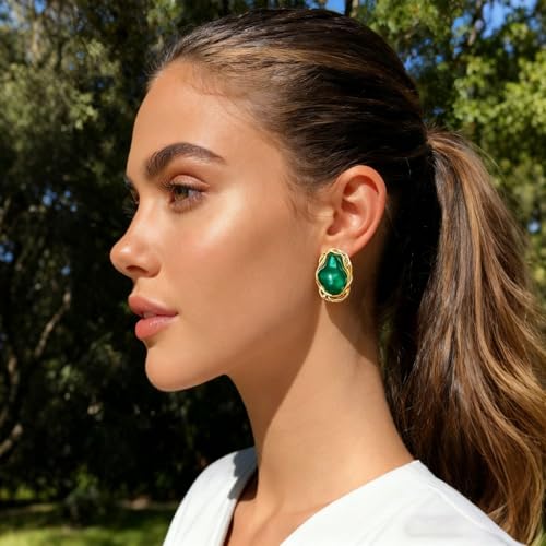 Boho Pearl Statement Earrings for Women Irregular Pearl Earrings | Big Round Freshwater Pearls Bridal Gold Earring Beach Ocean Vacation Jewelry - style: A Green-BoldHeavy
