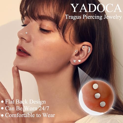 YADOCA 16G 18G Helix Flat Back Tragus Piercing Jewelry Earrings for Women | Hypoallergenic Surgical Steel Cartilage Earrings Daith Conch Medusa Nose Piercing Jewelry Gold Stud Earrings Set 6 7 8 10 MM - color: Silver, size: 16G(1.2MM)-10MM-New