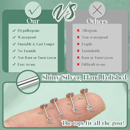 LOLIAS 14K Gold Plated Threadless Nose Studs, Nose Rings for Women 20G 18G | Hypoallergenic 316L Surgical Steel Labret Studs, Push In Flat Back Earrings, CZ Nose Nostril Tragus Helix Piercing Jewelry - color: Silver Tone, size: 20G-1.5/2/2.5/3mm CZ