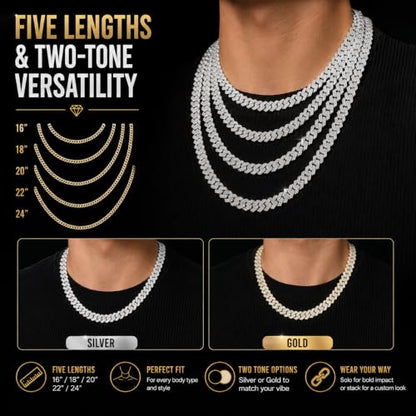 10mm Moissanite Cuban Link Chain, S925 Silver Hip Hop Necklace for Men | GRA D-VVS1 moissanite. Solid S925 silver, 16-24" silver/gold. 10mm double-row pavé. Reinforced prongs & clasp. Gift box.