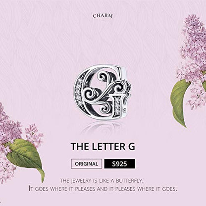 BISAER 925 Sterling Silver Initial Letter A-Z Charms for Bracelets Alphabet Beads Charm Jewelry Gifts - color: Letter G