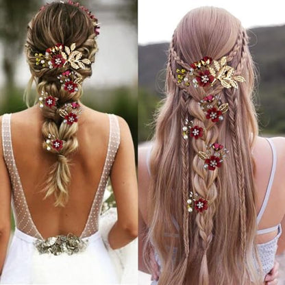 5 PCS Bridal Flower Wedding Hair Pins Crystal Pearl Headpiece Gold Wedding Hair Accessories Jewelry Rhinestone for Brides Bridesmaids Women Girls Updo, Exquisite Flower Leaves&Elegant Burgundy - color: Exquisite Flower Leaves&Elegant Burgundy