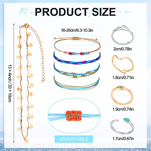Batiyeer 60 Pcs Boho Surfer Wave Bracelet and Necklace Set for Women, Summer Beach Y2k Layered Choker Anklets Knuckle Rings - style: Bohemian,Chain