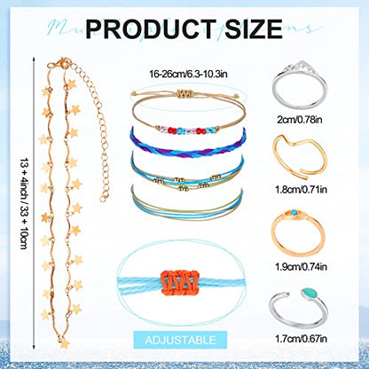 Batiyeer 60 Pcs Boho Surfer Wave Bracelet and Necklace Set for Women, Summer Beach Y2k Layered Choker Anklets Knuckle Rings - style: Bohemian,Chain