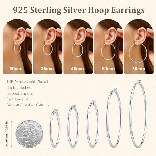 JIAYIQI Sterling Silver Hoop Earrings 18K White Gold Plated Silver Circle Endless Earrings Hoops Jewelry Lightweight Hoop Earring for Women Diameter 10,14,16,18,20,25,30,35,40,50,60mm - style: Silver-50mm