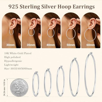 JIAYIQI Sterling Silver Hoop Earrings 18K White Gold Plated Silver Circle Endless Earrings Hoops Jewelry Lightweight Hoop Earring for Women Diameter 10,14,16,18,20,25,30,35,40,50,60mm - style: Silver-50mm