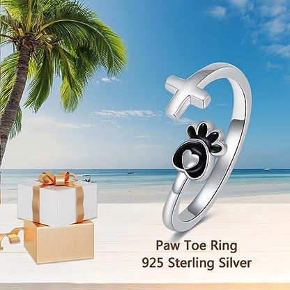 Dragonfly Toe Ring for Women 925 Sterling Silver Dragonfly/Butterfly/Cat/Paw Toe Rings Adjustable Open Ring for Women Christmas Jewelry Gift - color: Paw