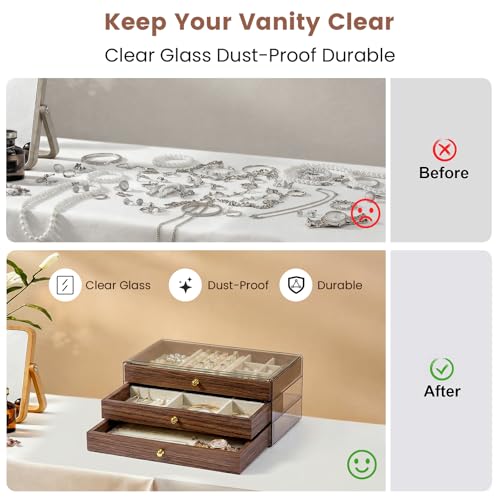 Wooden Jewelry Box for Women, 3-Layer Jewelry Organizers and Storage with 3 Drawers & Velvet Trays, Large Earring Holder, Necklace Ring Travel Case, Gift Box for Drawer, Wood - size: 3-Layer