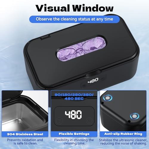 Ultrasonic Jewelry Cleaner, 50Khz Jewelry Cleaner Ultrasonic Machine for Jewelry, Eyeglasses, Rings, Watch Strap, Dentures, 24oz - 304 Stainless Steel Tank, Digital Timer, 5 Cleaning Modes - color: Black
